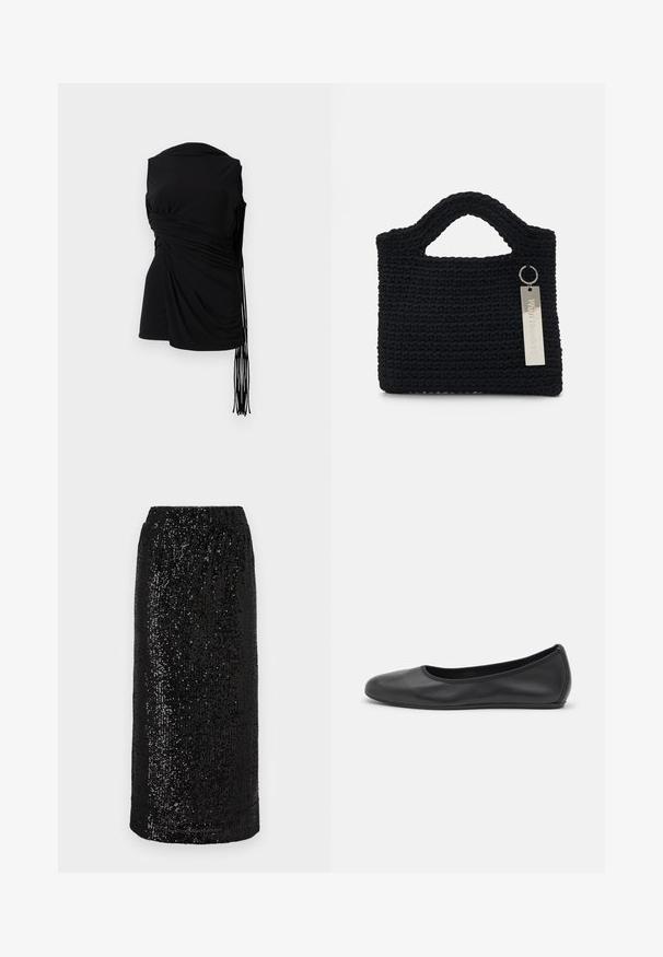 Černý beznáramenkový top s drapérií, bočními nařasením a prodlouženými třásněmi, s hladkou texturou a přiléhavým střihem.; Černá sukně typu tužka se flitry a elastickým pasem. Povrch je pokrytý hustě uspořádanými, reflexními flitry, což vytváří texturovaný vzhled.; Černé kožené baletní byty s kulatou špičkou, hladkou texturou, minimálními švy a flexibilním designem podrážky.; Won Hundred MARSIELLE COMPUTER BAG UNISEX - Taška na laptop - black