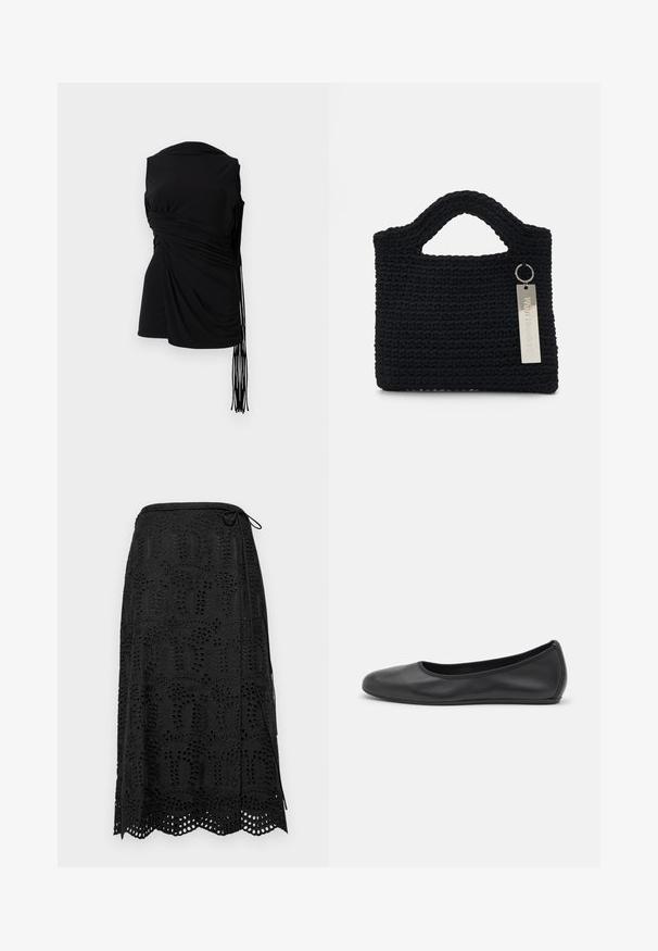 Čierny bezrukávový top s drapovanou látkou, bočným zbieraním a predĺženým strapcom, s jemnou textúrou a priliehavým strihom.; Čierna sukňa s zložitým čipkovým detailom, s vlnkovaným lemom a viazaním v páse. Vyrobená z ľahkého materiálu.; Čierne kožené baleríny s okrúhlou špičkou, hladkým povrchom, minimálnym prešívaním a flexibilným dizajnom podrážky.; Won Hundred MARSIELLE COMPUTER BAG UNISEX - Taška na notebook - black