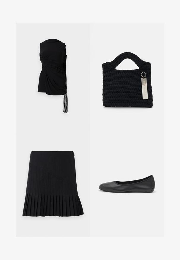 Top negru fără mâneci, cu material drapat, strângere laterală și detalii cu franjuri lungi, având o textură netedă și o siluetă ajustată.; Fustă plisată neagră, cu panouri diagonale cusute, talie ajustată și hem flared. Materialele par ușoare și netede.; Balerini din piele neagră, cu vârf rotund, textură netedă, detalii de cusătură minimale și un design al tălpii flexibil.; Won Hundred MARSIELLE COMPUTER BAG UNISEX - Geantă laptop - black