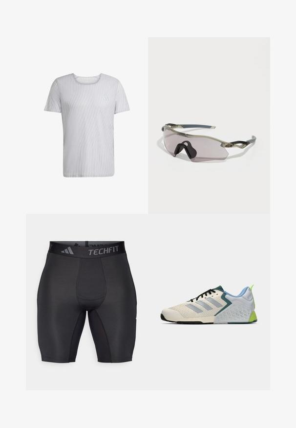 Witte T-shirt met korte mouwen, voorzien van een subtiele gestreepte textuur en een ronde hals. Heeft een klein logo op de linkerkant van de borst.; Zwarte sportshorts gemaakt van gladde, rekbare stof. Bevat een brede, gebrandmerkte tailleband en platte naden voor comfort en duurzaamheid.; Lichte atletiekschoenen met een crèmekleurige mesh bovenwerk, grijze strepen, een groene accent en een gestructureerde blauwe hielkap. Zwarte veters.; Zonnebril met een doorschijnend grijze frame, getinte lenzen en een hoekig ontwerp. Heeft een kenmerkend neusstuk en gestructureerde donkergrijze tempels.