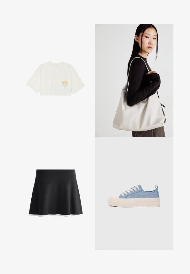 Rövidujjú, pamutból készült fehér cropped póló, bal mellen sárga pálmafa és kék hullám grafikai mintával.; Fekete, bővülő szoknya sima anyagból, illeszkedő derékrésszel és fehér szegélyekkel az alján. Klasszikus, egyszerű dizájn.; Világoskék vászon sportcipők, krémszínű gumitippel és talppal, fehér fűzőkkel és egy húzófüllel a sarkán.; Puha anyagból készült bézs kézitáska, laza dizájnnal, varrott részletekkel és két vállpánttal. Mindennapi használatra alkalmas.