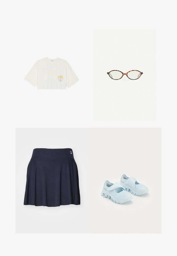 Rövidujjú, pamutból készült fehér cropped póló, bal mellen sárga pálmafa és kék hullám grafikai mintával.; Fila SKORT NICCI - Sportszoknya - navy; Világoskék sportcipők hálós anyagból, hangsúlyos kivágásokkal a talpban, és tépőzáras pánttal a tetején a biztos illeszkedés érdekében.; Tortábar színű szemüveg ovális lencsékkel és sima, elegáns felülettel. Vékony szárakkal rendelkezik, amelyeken finom ív található a halántéknál. Átlátszó lencsék.