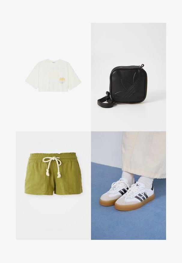 Avklippt vit t-shirt i bomull med korta ärmar, med grafisk design av en gul palm och en blå våg på vänster bröst.; Gröna linneblandade shorts med elastisk midja, dragsko och två framfickor. Kort, avslappnad passform med textilstruktur.; Vita sneakers med svarta ränder och beige mockadetaljer. Har en texturerad gummisul och platta vita skosnören, bärs med ljusa strumpor.; Svart fyrkantig crossbody-väska i texturerat syntetmaterial. Har en präglad logodesign och justerbar rem. Dragkedjestängning.