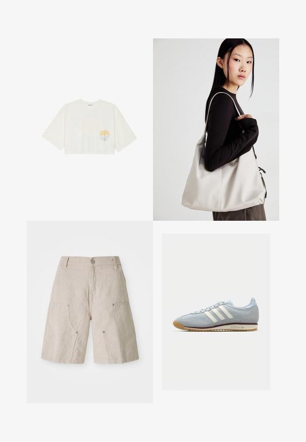 Cropped white t-shirt in cotton with short sleeves, featuring yellow palm tree and blue wave graphic on the left chest.; Beige linen shorts with a relaxed fit, featuring two front pockets and circular metal accents. Casual design with a textured finish.; Light blue suede sneaker with white three stripes, rubber sole, and textured mesh. Features a smooth toe cap and branding on the heel.; Beige handbag made of soft material, featuring a slouchy design, stitched detailing, and two shoulder straps. Suitable for everyday use.