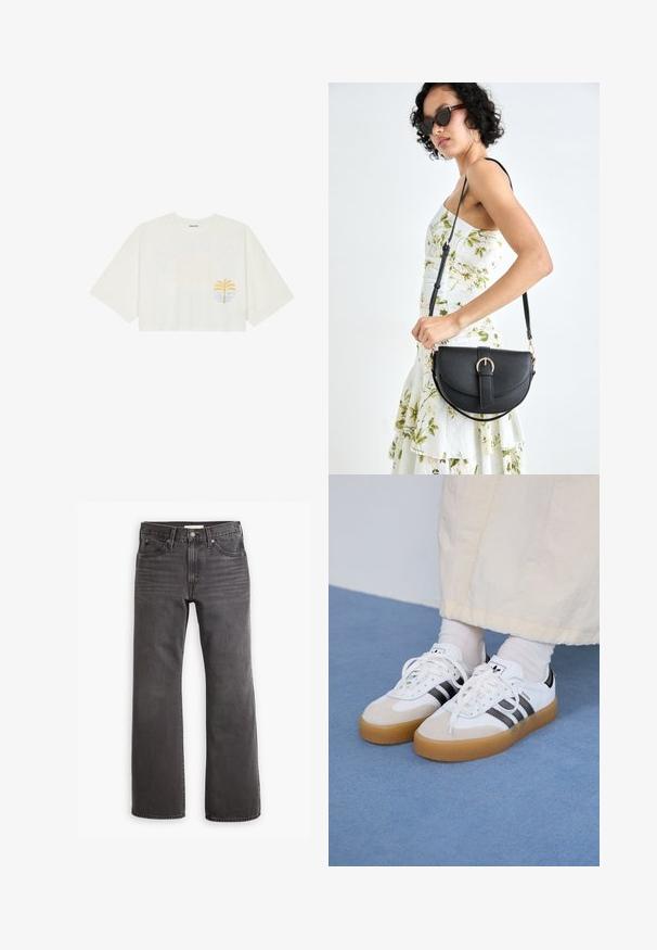 Balta trumpa medvilninė marškinėliai su trumpomis rankovėmis, su geltona delno medžio ir mėlynos bangos grafika kairėje krūtinės pusėje.; Pilki džinsai su tiesiu kirpimu, penkių kišenių dizainu ir metaliniais laikikliais. Lygus paviršius su subtiliu išblukimu priekyje.; Baltos sportbačiai su noir juostomis ir šviesiai rudos zomšos akcentais. Yra tekstūruota gumos padas ir plokščiomis baltomis raištelėmis, dėvimi su šviesiai spalvotomis kojinėmis.; Juodas odinis krepšys su išlenkta forma, nuimamu dirželiu ir auksiniais detalėmis. Krepšys turi kilpą su sagtimi.