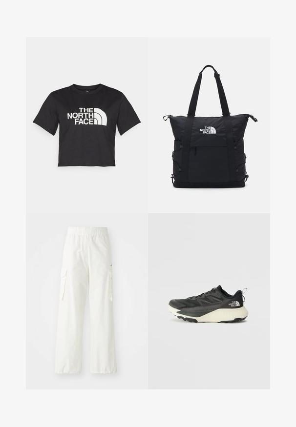 Svart avkortet t-skjorte laget av bomull, med et hvitt logo med buede detaljer og teksten "THE NORTH FACE" på forsiden. Korte ermer, rund hals.; Hvite cargo-bukser med bred bendesign, med elastisk livlinning og sidelommer. Strukturert stoff med en glatt finish.; Svart treningssko med teksturert overdel, med grå detaljer og hvit såle. Har en pull tab og fremtredende merkevarelogo på hælen.; Svart totebag med polstret design, toppglidelås, to korte stropper og logo foran; har sidelommer og justerbare stropper.