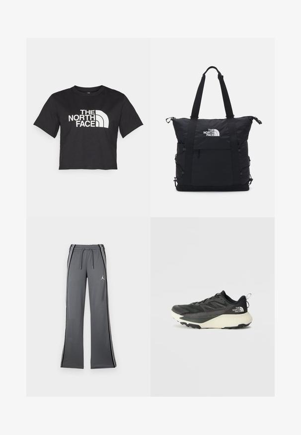 Juodas trumpas medvilninis marškinėliai, kuriuose yra baltas logotipas su kreivomis detalėmis ir užrašu "THE NORTH FACE" priekyje. Trumpomis rankovėmis, apvaliu kaklu.; Pilkos sportinės kelnės su raišteliu juosmens srityje, šoninėmis juostelėmis ir mažu logotipu. Pagamintos iš minkštos medžiagos, turi plačius kojų kirpimus ir lygią tekstūrą.; Juodas sportinis batas su tekstūruota viršutine dalimi, su pilkomis detalėmis ir baltu viduriu. Apima pakėlimo juostelę ir ryškų prekės ženklo logotipą ant kulno.; Juodas tote krepšys su paminkštintu dizainu, viršutiniu užtrauktuku, dviem trumpais diržais ir logotipu priekyje; turi šonines kišenes ir reguliuojamus diržus.
