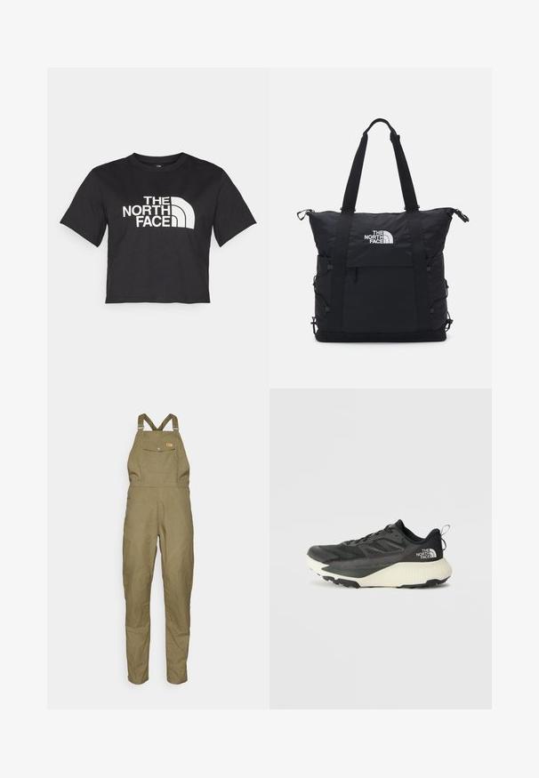 T-shirt cropped preta feita de algodão, com um logotipo branco com acentos curvos e o texto "THE NORTH FACE" na parte da frente. Mangas curtas, gola redonda.; Fjällräven VARDAG DUNGAREE TROUSERS W - Calças para exterior - green; Shoe atlético preto com um cabedal texturizado, apresentando detalhes em cinza e uma entressola branca. Inclui uma alça e um logótipo da marca em destaque no calcanhar.; Saco tote preto com design acolchoado, fecho em zíper superior, duas alças curtas e logotipo na frente; possui bolsos laterais e alças ajustáveis.
