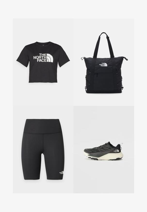 Maglietta nera corta in cotone, con un logo bianco con accenti curvi e testo "THE NORTH FACE" sul davanti. Maniche corte, colletto alla marinara.; Shorts da ciclismo atletici neri a vita alta con cuciture piatte e logo The North Face sulla gamba sinistra inferiore.; Scarpa da ginnastica nera con tomaia testurizzata, con accenti grigi e un sottopiede bianco. Include una linguetta sul retro e un logo del marchio ben visibile sul tallone.; Borsa tote nera con un design imbottito, chiusura con zip superiore, due manici corti e logo sul fronte; dotata di tasche laterali e spallacci regolabili.