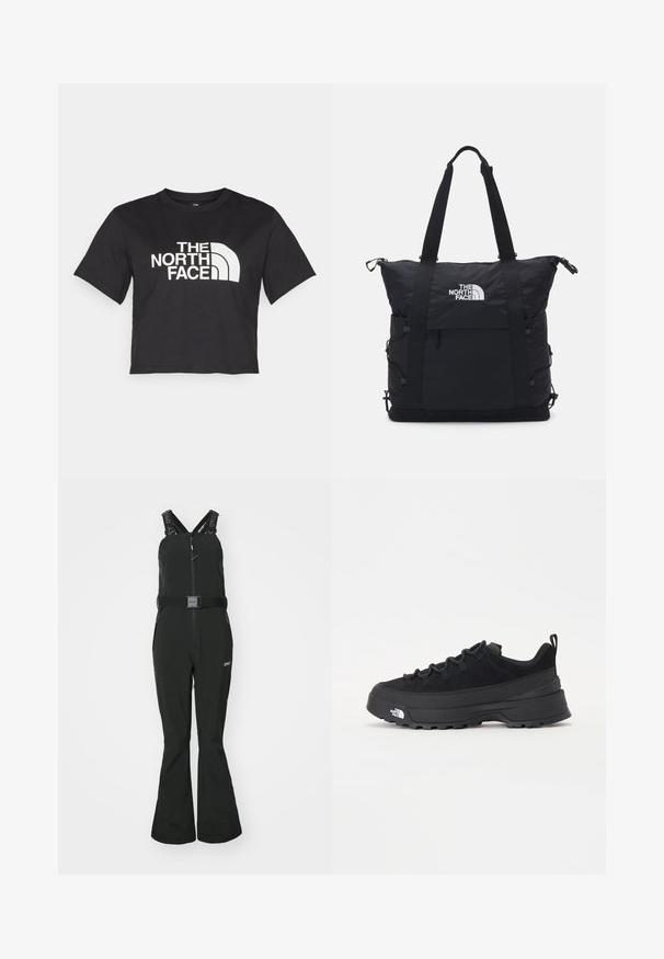 Svart avkortet t-skjorte laget av bomull, med et hvitt logo med buede detaljer og teksten "THE NORTH FACE" på forsiden. Korte ermer, rund hals.; Oakley HARPER BIB - Snowboardbukse - blackout; Svart utendørs sneakers med overdel i semsket skinn, teksturert gummisåle og solid snøresystem. Har forsterket hæl og merkevarelogo på siden.; Svart totebag med polstret design, toppglidelås, to korte stropper og logo foran; har sidelommer og justerbare stropper.