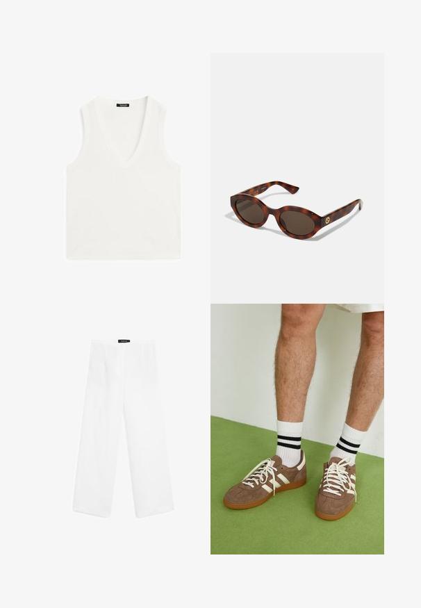 Bílý bezramenný top s hlubokým V výstřihem, vyrobený z měkké, hladké tkaniny. Rovný lem a minimální detaily celkově.; Bílé lněné kalhoty širokého střihu s hladkým povrchem, mají středně vysoký pas, dvě přední kapsy a jednoduchý design.; Hnědé semišové tenisky s bílými akcenty a tkaničkami. Gumová podrážka. Nošeny s bílými ponožkami s černými pruhy. Zelená strukturovaná podlaha.; Kočičí sluneční brýle s kulatými rámy, tmavými skly a zlatým logem na stranách. Hladký plastový materiál, bez viditelných vzorů.