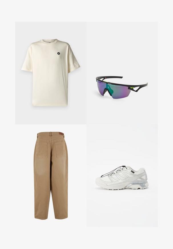 Kremno obarvana bombažna majica s kratkimi rokavi, udobnega kroja in majhnim črnim logotipom na levi prsni strani.; Bež bombažne hlače s širokim krojem, ki imajo dva zadnja žepa in oznako na pasu. Tkanina ima gladko teksturo in minimalne podrobnosti.; Bela športna obutev z teksturiranim mrežastim zgornjim delom, odsevnimi akcenti in oblazinjenim podplatom. Ima elastične vezalke in siva detajla.; Športne sončna očala z črnim okvirjem, velikimi gradacijskimi lečami v vijoličnih in zelenih odtenkih ter oglatimi oblikovnimi poudarki z logotipom.