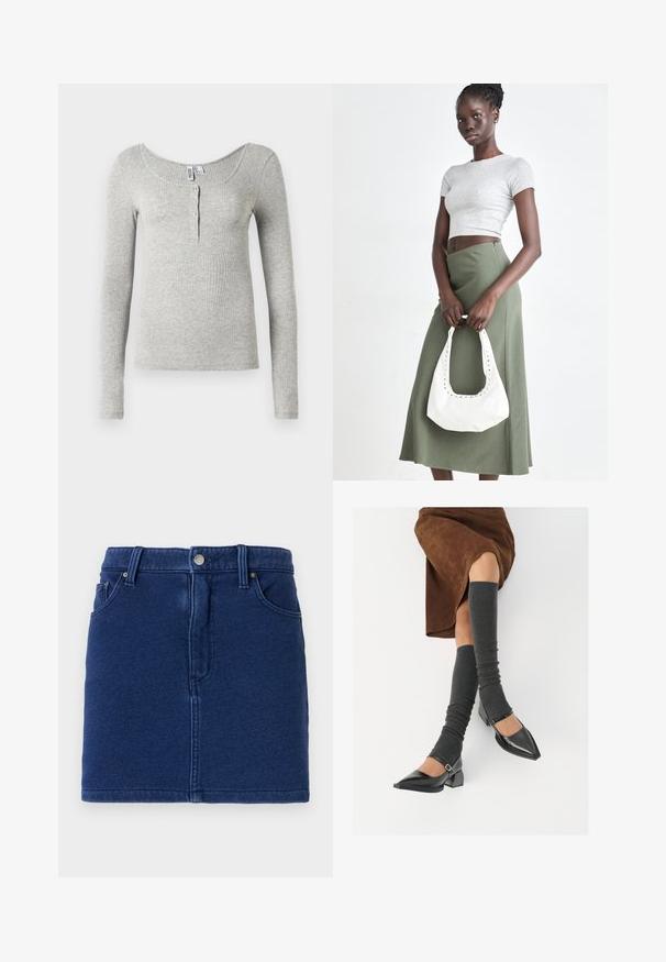 Šviesiai pilkas ripsuotas ilgomis rankovėmis marškinėliai su apvaliu iškirpimu ir keturiais mygtukais priekyje, pristatyti ant balto fono.; Tamsiai mėlynas džinsinis sijonas su priglundančiu dizainu, priekiniais mygtukais ir dviem šoninėmis kišenėmis. Yra matoma siuvimo linija ir tiesi apykaklė.; Juodi lakuoti odiniai batai su aštriu kuma ir bloko kulnu, derinami su pilkais riebiais kojų šildytuvais ir rudais zomšiniais sijonais.; Pilka juostuota trumpa palaidinė ir alyvuogių žalios spalvos aukšto liemens sijonas. Modelis laiko baltą petį krepšį su išpjovomis. Paprastas dizainas, prigludusi siluetas.