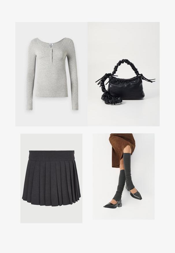 Ljust grå ribbad långärmad tröja med rundad halsringning och fyra knappar på framsidan, visad mot en vit bakgrund.; Grå plisserad kjol med flat midjeband och dragkedjestängning, tillverkad av ett texturerat tyg, med jämnt fördelade djupa plisseringar.; Svarta lackläderskor med spetsig tå, blockklack och ankelrem, i kombination med grå ribbade benvärmare och en brun mockakjol.; Svart faux läderhandväska med krokodiltextur, snodd topp och en skrämd rem. Ser mjuk och kompakt ut i designen.