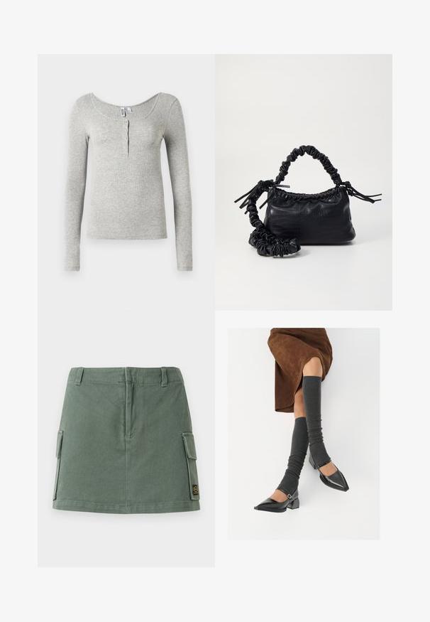 T-shirt à manches longues côtelé gris clair avec un encolure dégagée et quatre boutons sur la patte de boutonnage, présenté sur fond blanc.; Jupe en denim vert avec une taille ajustée, deux poches latérales et une patch sur le bas à droite. Texture lisse avec un léger brillant.; Chaussures à bout pointu en cuir verni noir avec un talon bloc et une bride à la cheville, accompagnées de jambières en maille grise et d'une jupe en daim marron.; Sac à main en simili cuir noir avec une texture crocodile, un dessus resserré et une sangle froncée. A l'apparence douce et compacte.