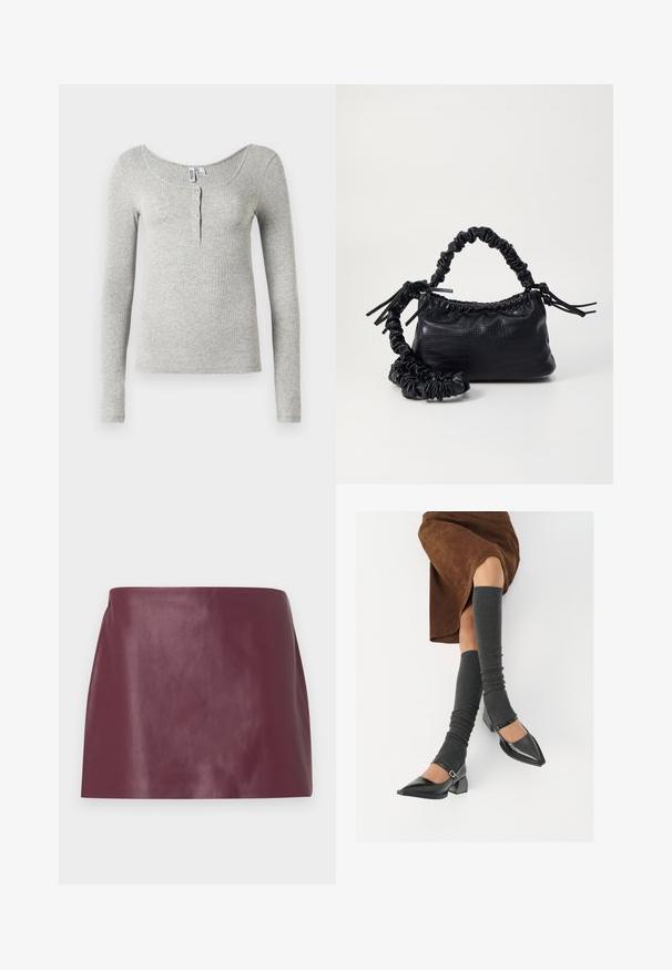 T-shirt à manches longues côtelé gris clair avec un encolure dégagée et quatre boutons sur la patte de boutonnage, présenté sur fond blanc.; Mini jupe en cuir bordeaux lisse avec une coupe droite et sans embellissements ni fermetures visibles.; Chaussures à bout pointu en cuir verni noir avec un talon bloc et une bride à la cheville, accompagnées de jambières en maille grise et d'une jupe en daim marron.; Sac à main en simili cuir noir avec une texture crocodile, un dessus resserré et une sangle froncée. A l'apparence douce et compacte.