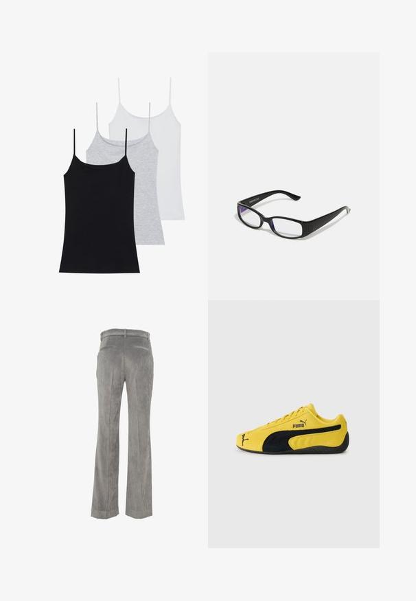 Tre canotte senza maniche: una nera, una grigia e una bianca. Realizzate in un tessuto morbido ed elastico con spalline sottili regolabili.; Pantaloni in corduroy grigio con forma svasata, caratterizzati da una texture a righe verticali, due tasche posteriori e una vita per una vestibilità comoda.; Sneaker giallo in suede con accenti in suede neri. Presenta una suola testurizzata, design con lacci e logo Puma sul lato e sulla lingua.; Occhiali rettangolari neri con lenti trasparenti. Finitura lucida, bracci sottili e una sfumatura viola visibile ai bordi delle lenti.; Borsa in denim blu scuro dalla forma arrotondata, con molteplici tasche esterne, tracolla regolabile e dettagli in metallo argentato. Include una maniglia superiore.