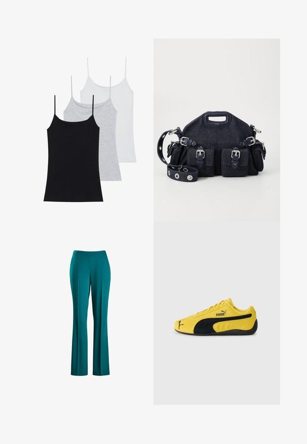 Tri goli bez rukava: jedna crna, jedna siva i jedna bijela. Izrađene od mekanog, rastezljivog materijala s podesivim trakama.; Tirkizne hlače širokog kroja s glatkom teksturom, prilagođenim strukom i prednjim naborima, osmišljene za prozračan oblik, izrađene od lagane tkanine.; Žuti suede tenisice s crnim suede detaljima. Imaju teksturiranu potplatu, vezice i Puma logo sa strane i na jeziku.; Tamno plava traper torba zaobljenog oblika, s višestrukim vanjskim džepovima, podesivim remenom i srebrnim hardverskim detaljima. Uključena je i ručka na vrhu.