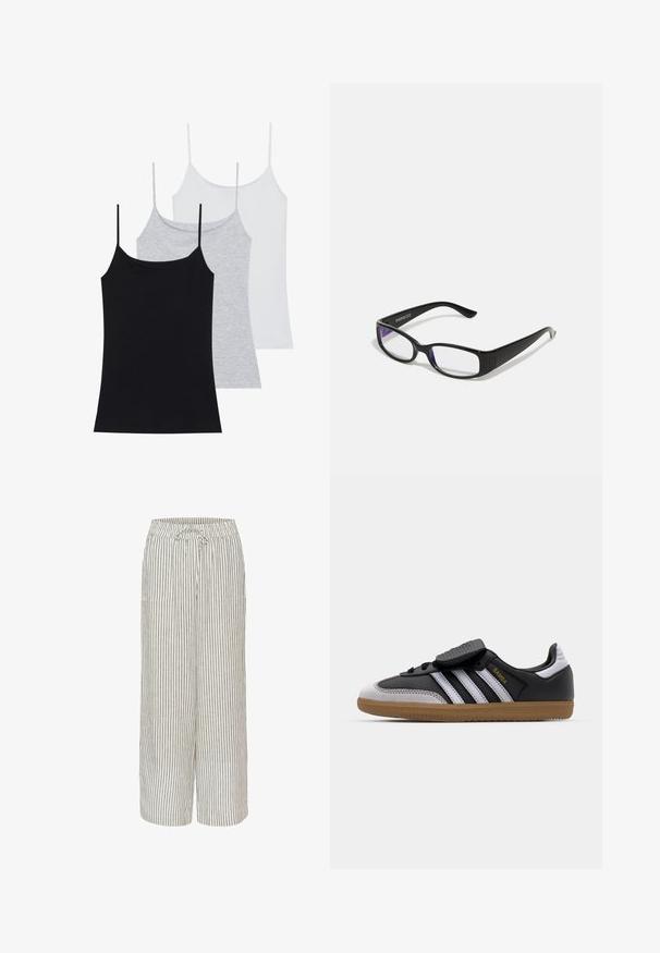 Trois débardeurs sans manches : un noir, un gris et un blanc. Fabriqués en tissu doux et extensible avec des bretelles spaghetti ajustables.; Pantalons larges en mélange de lin avec un motif rayé beige et gris. Comprend une taille élastique avec cordon de serrage et deux poches avant.; Baskets en cuir noir et en suède gris avec des rayures blanches, semelle en caoutchouc, lacets à l'avant et sangle Velcro. Présente le logo "Samba" en doré.; Des lunettes rectangulaires noires avec des verres transparents. Fini brillant, branches étroites et teinte violette visible sur les bords des verres.