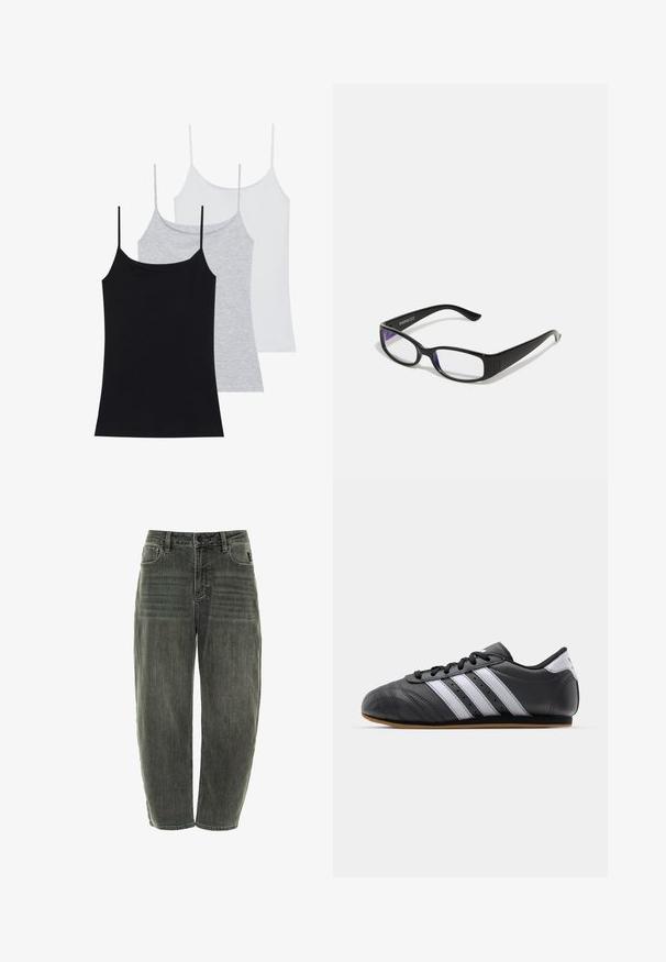 Trei topuri fără mâneci: unul negru, unul gri și unul alb. Realizate dintr-un material moale și elastic, cu bretele subțiri ajustabile.; Jeans din denim gri închis, cu o croială lejeră, având cinci buzunare, închidere cu nasture și o ușoară decolorare pe față și spate.; Pantofii sport din piele neagră, cu dungi albe, vârful rotund, talpa plată și închidere cu șireturi. Au perforații pentru respirabilitate.; Ochelari dreptunghiulari negri cu lentile clare. Finisaj lucios, brațe înguste și nuanță purpurie vizibilă la marginea lentilelor.