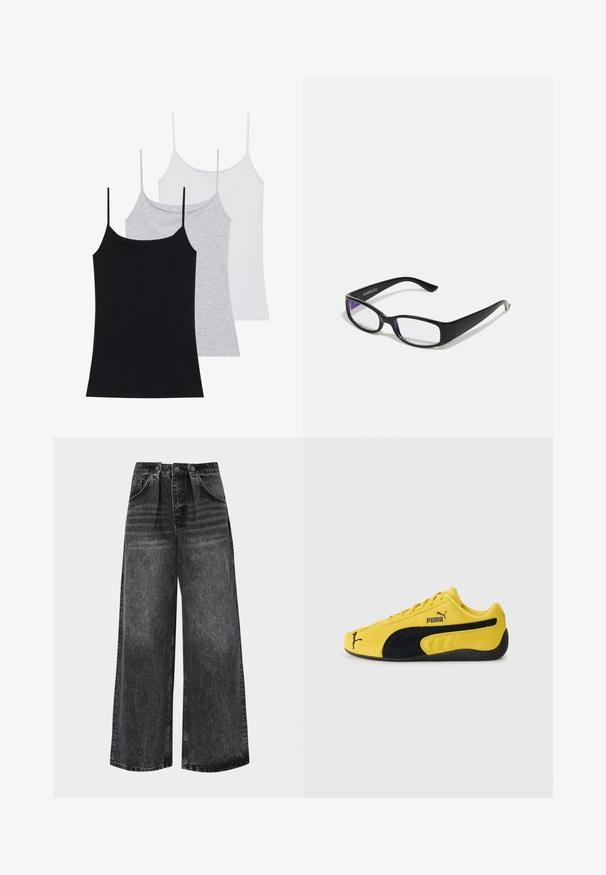 Kolm ilma varrukat särki: üks must, üks hall ja üks valge. Valmistatud pehmest, elastseks kangast, millel on reguleeritavad õhukesed rihmad.; Laiad mustad teksapüksid kõrge vöökohaga, millel on voltimised, küljetaskud ja õrn kustutamine tekstuuri jaoks. Metallne nupuvajutus.; Kollane nahast tossud mustade nahkakinnitusdetailidega. Omab tekstuurset tallat, narri küljes ja Puma logo küljes ning keeles.; Mustad mustad prillid selgete läätsedega. Läikiv viimistlus, kitsad vars, ja läätsede servadel on nähtav lilla varjund.