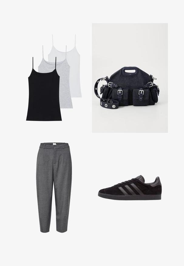 Drei ärmellose Tops: eines in Schwarz, eines in Grau und eines in Weiß. Aus weichem, stretchy Stoff mit verstellbaren Spaghettiträgern.; Graue, schmal zulaufende Hosen aus strukturiertem Stoff; mit Falten und einem glatten Bund mit verdecktem Verschluss.; Schwarze Wildledersneaker mit strukturierten Gummisohlen, drei schwarzen Lederstreifen, abgerundeter Zehenpartie und gepolstertem Knöchelkragen.; Dunkelblaue Denim-Tasche mit runder Form, mehreren äußeren Taschen, verstellbarem Tragegurt und silberfarbenen Hardware-Akzenten. Mit Traggriff versehen.