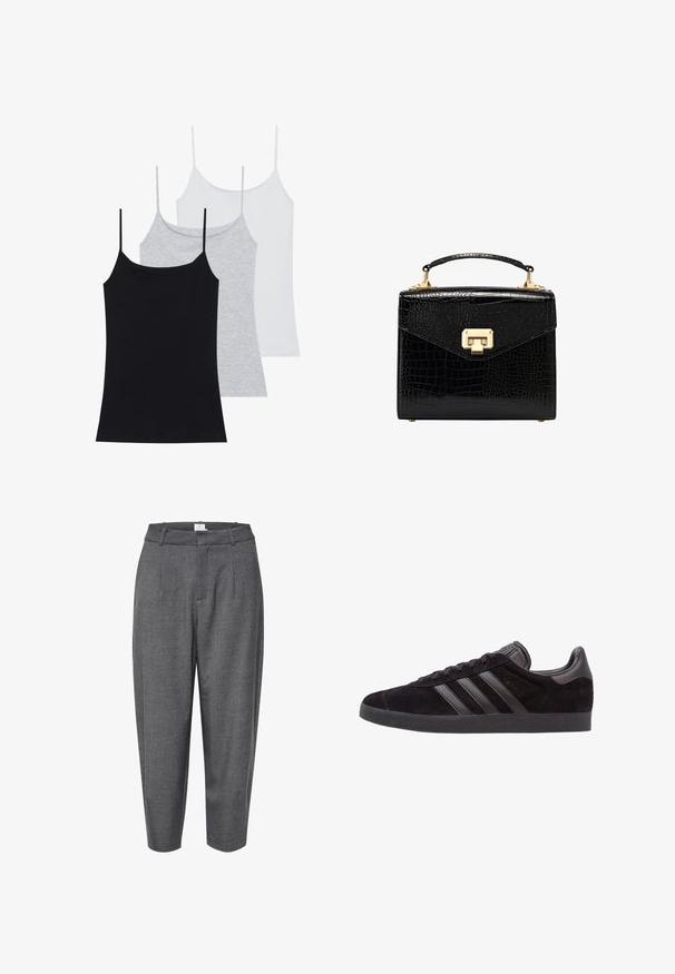 Three sleeveless camisoles: one black, one gray, and one white. Made of soft, stretchy fabric with adjustable spaghetti straps.; Gray, tapered trousers made of textured fabric; features pleats and a smooth waistband with a concealed closure.; Black suede sneakers with textured rubber soles, featuring three black leather stripes, rounded toe, and padded ankle collar.; Black faux-crocodile leather handbag with a structured design, gold hardware, a top handle, and a magnetic flap closure.