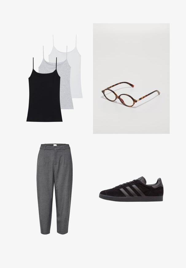 Drie mouwloze cami's: één zwart, één grijs en één wit. Gemaakt van zachte, rekbare stof met verstelbare spaghettibandjes.; Grijze, taps toelopende broek gemaakt van textuurstof; heeft plooien en een gladde tailleband met een verborgen sluiting.; Zwarte suède sneakers met een gestructureerde rubberen zool, voorzien van drie zwarte leren strepen, een ronde neus en een gewatteerde enkelsok.; schildpadbril met ovale monturen, heldere lenzen en gouden accenten. Bevat gebogen pootjes en een gladde, glanzende afwerking.