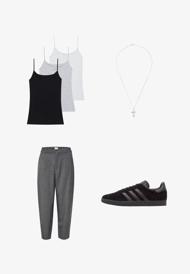 Trzy bezrękawniki: jeden czarny, jeden szary i jeden biały. Wykonane z miękkiego, elastycznego materiału z regulowanymi ramiączkami.; Szare, zwężane spodnie z teksturowanej tkaniny; posiadają pliski oraz gładki pas ze schowanym zapięciem.; Czarne zamszowe sneakersy z teksturowanymi gumowymi podeszwami, z trzema czarnymi skórzanymi paskami, okrągłym noskiem i wyściełanym kołnierzem wokół kostki.; Srebrny naszyjnik z łańcuszka z wypolerowanym pendantem w kształcie krzyża. Łańcuszek jest delikatny, a krzyż ma elegancki, minimalistyczny design.