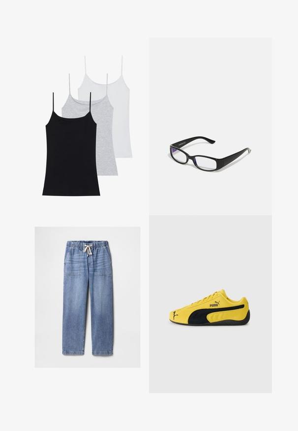 Kolm ilma varrukat särki: üks must, üks hall ja üks valge. Valmistatud pehmest, elastseks kangast, millel on reguleeritavad õhukesed rihmad.; Heledad sinise värvi teksased, millel on elastne vöökoht ja valge pael, esiküljel on patch-taskud ja sirged sääred.; Kollane nahast tossud mustade nahkakinnitusdetailidega. Omab tekstuurset tallat, narri küljes ja Puma logo küljes ning keeles.; Mustad mustad prillid selgete läätsedega. Läikiv viimistlus, kitsad vars, ja läätsede servadel on nähtav lilla varjund.; Tumedat sinise denimi kott, millel on ümar kuju, mitmed välised taskud, reguleeritav rihm ja hõbedased detailid. Ülemine käepide on lisatud.