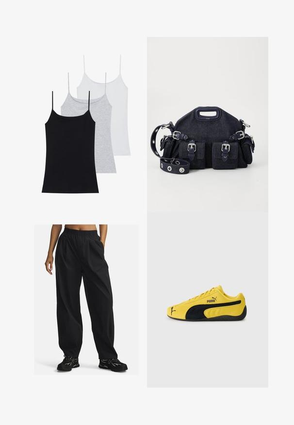 Tre ärmlösa linnen: ett svart, ett grått och ett vitt. Tillverkade av mjukt, elastiskt tyg med justerbara spaghettiband.; Svarta, lös passform byxor gjorda av lättviktig tyg med elastisk midja, som har sidofickor och en slät yta.; Gul mockaskor med svarta mockadetaljer. Har en texturerad sula, snörning och Puma-logotyp på sidan och tungan.; Mörkblå denimväska med rundad form, flera externa fickor, justerbar axelrem och silverfärgade detaljer. Handtag överst ingår.; Silverfärgad kedja med ett polerat korspendel. Kedjan är fin och korset har en stilren, minimalistisk design.