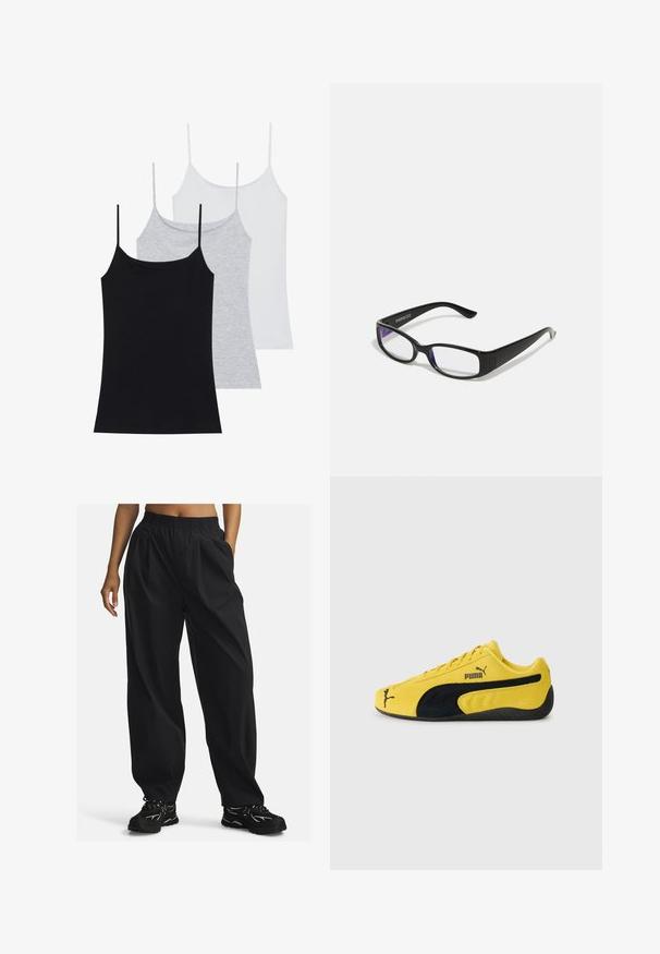 Tre canotte senza maniche: una nera, una grigia e una bianca. Realizzate in un tessuto morbido ed elastico con spalline sottili regolabili.; Pantaloni neri, di taglio oversize, realizzati in tessuto leggero con vita elastica, dotati di tasche laterali e una texture liscia.; Sneaker giallo in suede con accenti in suede neri. Presenta una suola testurizzata, design con lacci e logo Puma sul lato e sulla lingua.; Occhiali rettangolari neri con lenti trasparenti. Finitura lucida, bracci sottili e una sfumatura viola visibile ai bordi delle lenti.; Borsa in denim blu scuro dalla forma arrotondata, con molteplici tasche esterne, tracolla regolabile e dettagli in metallo argentato. Include una maniglia superiore.; Collana in argento con pendente a croce lucido. La catena è delicata e la croce ha un design elegante e minimalista.