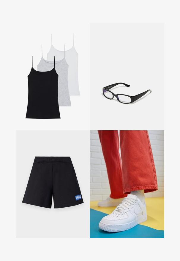 Três singlets sem mangas: um preto, um cinza e um branco. Feitos de um tecido suave e elástico com alças finas ajustáveis.; Calções pretos com um corte descontraído, cintura elástica e o logótipo azul "HUGO" na coxa esquerda; feitos de um material suave e respirável.; Sapatilha de couro branca com biqueira perfurada, sola texturizada e atacadores brancos, combinada com calças largas vermelhas e um fundo azul e amarelo.; Óculos retangulares pretos com lentes transparentes. Acabamento brilhante, hastes estreitas e um tom roxo visível nas bordas das lentes.