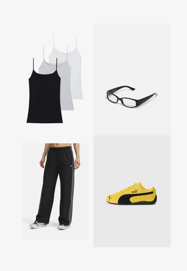 Drie mouwloze cami's: één zwart, één grijs en één wit. Gemaakt van zachte, rekbare stof met verstelbare spaghettibandjes.; Zwarte sportbroek met een elastische tailleband, contrasterende grijze zijpanelen, witte piping en een losse pasvorm, gemaakt van een gladde stof.; Geel suède sneaker met zwarte suède accenten. Voorzien van een gestructureerde zool, vetersluiting en het Puma-logo aan de zijkant en op de tong.; Zwarte rechthoekige bril met heldere glazen. Glanzende afwerking, smalle veren en paarse tint zichtbaar aan de randen van de glazen.; Donkerblauwe denim tas met een ronde vorm, meerdere buitenzakken, een verstelbare schouderriem en accenten van zilverkleurig hardware. Inclusief bovenhandvat.; Zilveren ketting met een gepolijste kruis hanger. De ketting is delicaat, en het kruis heeft een slank, minimalistischer ontwerp.