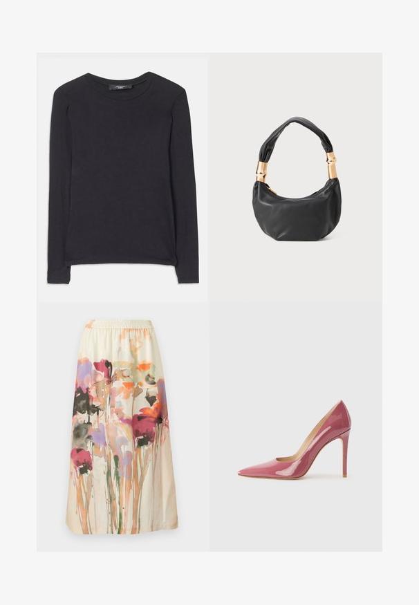 Must mustreansed, ümmarguse kaelusega must pikade varrukatega särk, mis on valmistatud pehmest kangast. Omab lihtsat disaini ja peeneid õmblusdetailide hem. ; Lillelille mustriga seelik kreemival taustal; sisaldab värvilisi, abstraktseid lillemustreid roosa, lilla ja oranži värviga; elastne vöökoht.; Roosa läikiv nahast kõrge kontsaga king, millel on terav varvas ja vormikas siluett, millel on väljalõike detail ja stiletto konts.; Must mustrepp nahkakott ümmarguse kujuga, pehme tekstuuriga ja sõlmiga käepidemega, millel on kuldse tooni aksessuaarid. Lukuga sulgemine.