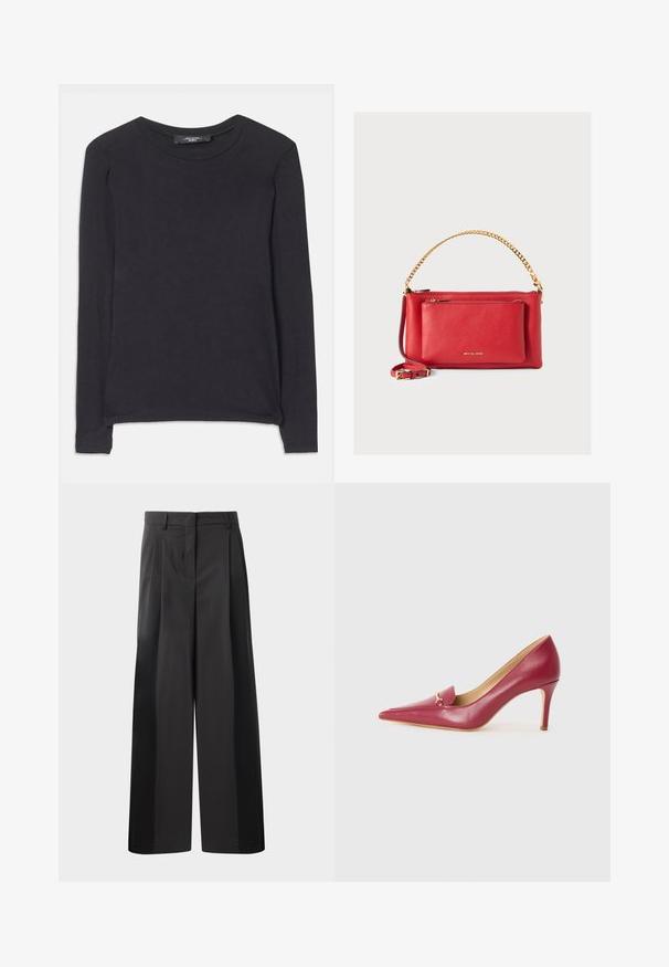 Camisa negra de manga larga con cuello redondo, hecha de tela suave. Presenta un diseño sencillo y detalles de costura sutiles a lo largo del dobladillo.; Pantalones de pierna ancha negros con cintura alta, que presentan pliegues en la parte delantera, una textura suave y un acabado a medida. Diseñados para un ajuste relajado.; Zapato de tacón alto con punta afilada en cuero rojo con un acabado suave, que presenta una pequeña solapa y un detalle de hardware dorado en el empeine.; Bolso de mano de cuero rojo con un acabado texturizado, cadena y correa doradas, bolsillo con cremallera en la parte frontal y logotipo en relieve. Diseño compacto y estructurado.