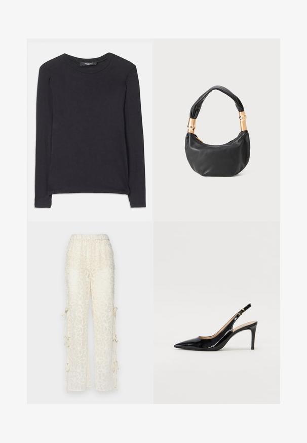 Crna majica dugih rukava s okruglim izrezom, izrađena od mekanog materijala. Ima jednostavan dizajn i suptilne šavove duž rubova.; Hlače od čipke u krem boji s elastičnim pojasom, s cvjetnim uzorcima i vezicama sa strane za prilagodbu veličine.; Crne lakirane slingback cipele s oštrim vrhom, uskim potpeticama i suptilnim izrezom. Sadrže zlatnu kopču na traku.; Crna kožna torba s okruglim oblikom, mekim teksturom i čvorastom ručkom s zlatnim metalnim detaljima. Zatvaranje na patentni zatvarač.