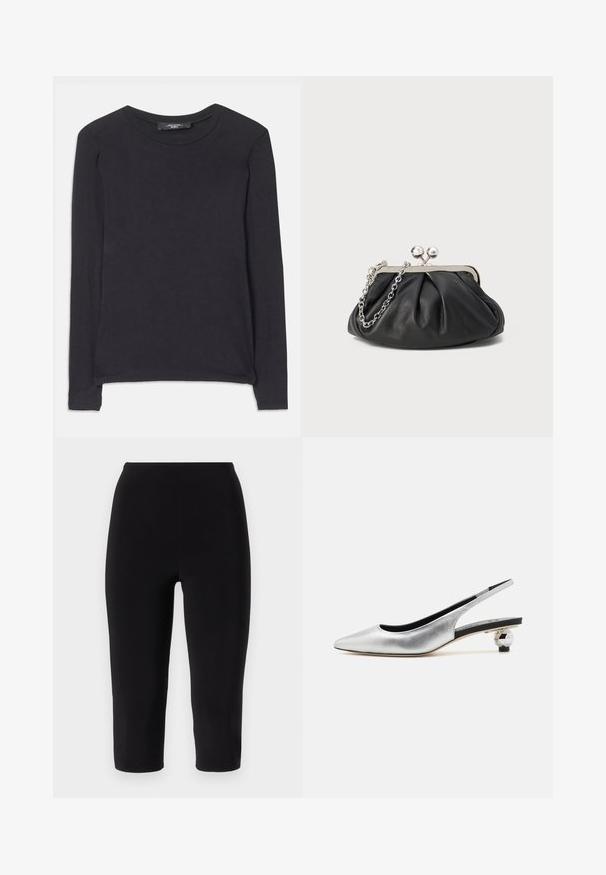Juodas ilgos rankovės marškinėliai su apvalia iškirpte, pagaminti iš minkštos medžiagos. Turi paprastą dizainą ir subtilius siuvimo akcentus palei apatinį kraštą.; Juodi capri tipo leggingai, pagaminti iš tamprios medžiagos, su aukštu liemeniu ir prigludusia siluetu, be matomų siūlių ar raštų.; Sidabriniai metaliniai slingback aukštakulniai bateliai su smailia nosimi, elegantišku dizainu ir unikaliu geometriniu kulnu. Lygus paviršius ir minimalistiniai akcentai.; Juodas odinis delninukas su susiraukusiu tekstūru, sidabrinės spalvos metalo rėmas, uždaromas užsukamu užtrauktuku bei grandinėlės dirželis. Lygus, minkštas paviršius.