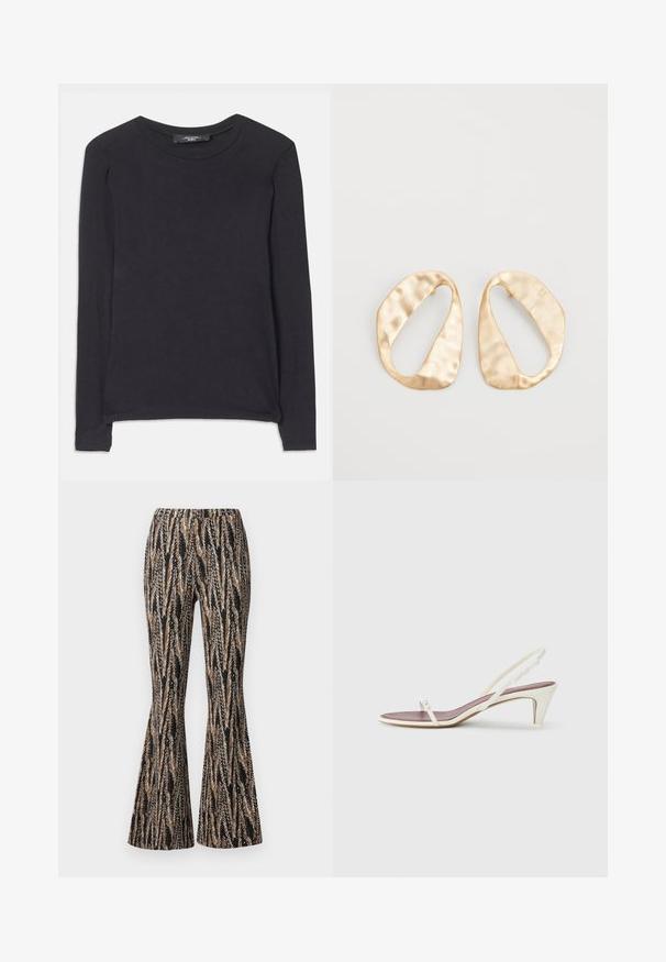 Čierna dlhá tričká s dlhým rukávom a okrúhlym výstrihom, vyrobená z jemnej látky. Obsahuje jednoduchý dizajn a jemné švy pozdĺž lemu.; Diane von Furstenberg BURANO PANTS - Nohavice - black; Biele sandále na opätku so slabým podpätkom, tenkými pásikmi a hladkým koženým povrchom; obsahujú malú dekoratívnu sponu.; Pár nepravidelných oválnych zlatistých kovových náušníc s textúrovaným, mierne rozbitým povrchom na bielom pozadí.