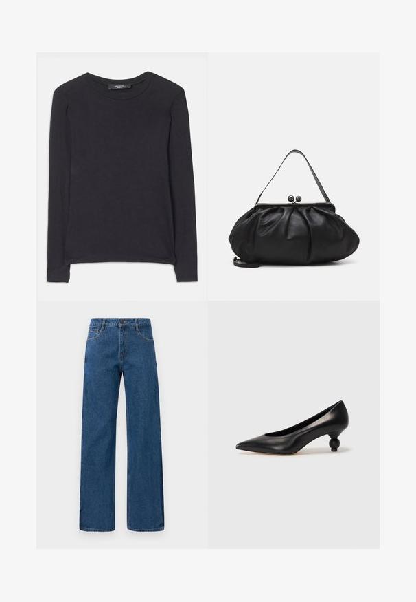 Melns krekls ar garām piedurknēm un noapaļotu kakla izgriezumu, izgatavots no mīkstas auduma. Tam ir vienkāršs dizains un smalki izšuvuma detaļas pa apakšmalu.; Zilas augstās jostas platajās biksēs ir priekšējās un aizmugurējās kabatas, pogu aizdare un redzama diegu šuvuma uz balta fona.; Melnas ādas augstpapēžu kurpes ar smailu purngalu un apaļu papēdi. Gluda tekstūra ar elegantu, minimālistisku dizainu.; Melna ādas rokassoma ar noapaļotu, krokotu dizainu. Iezīmes metāla aizdare ar diviem dekoratīviem lodīšiem un plānu, noņemamu siksnu.