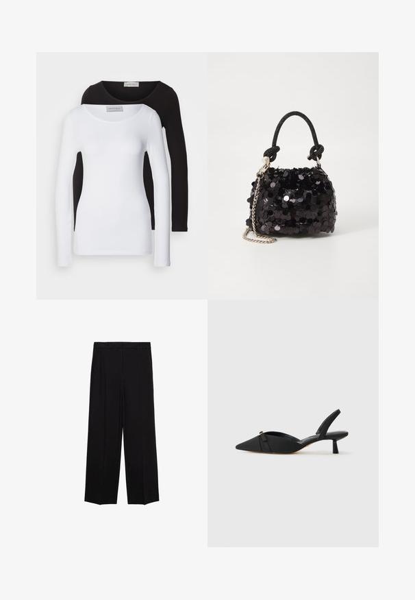 Tricouri cu mânecă lungă din bumbac alb și negru, cu decolteu rotund și un design ajustat. Eticheta este vizibilă la gât.; Pantaloni negri cu croială largă dintr-un material neted, cu pliseuri în față și buzunare laterale, concepuți cu o croială dreaptă și relaxată.; Pantofi cu toc slingback negri, cu vârf ascuțit, superior din țesătură, detaliu cu fundă pe fața pantofului și toc jos, cilindric.; Geantă mini neagră cu paiete, cu un umar texturat înnodat și un lanț argintiu. Formă rotundă cu partea de sus adunată și detalii reflectorizante.