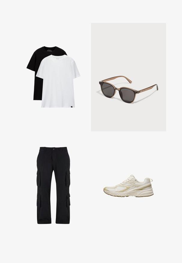 Dve redne majice, ena črna in ena bela, iz bombaža. Obe imata okroglo izrezano ovratnik in kratke rokave. Enostavna zasnova, brez vzorcev.; Črne cargo hlače iz bombažnega blaga, ki imajo več stranskih žepov, sproščen fit in ravno nogo.; Bele športne čevlje iz mrežastega in sintetičnega materiala, z zaobljenim prstom, oblazinjeno podplatom in bež poudarki na straneh.; Rjave plastične sončna očala s temnimi lečami, okrogle oblike in zoženimi ročaji. Opozarjajoča okrasitev na templjih.
