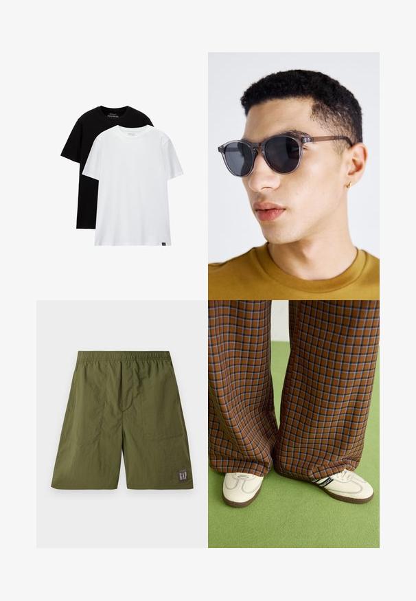 Dvě trička s regular fit, jedno černé a jedno bílé, vyrobené z bavlny. Každé má kulatý výstřih a krátké rukávy. Jednoduchý design, bez vzorů.; Zelené nylonové šortky s elastickým pasem, dvěma bočními kapsami a nášivkou s nápisem "GAP" v bílé barvě na tmavě šedém pozadí.; Hnědo-modré kostkované široké kalhoty doplněné bílými botami s černými akcenty a texturovanou podrážkou, umístěné na zeleném pozadí.; Šedé kulaté sluneční brýle s průhledným rámem, vybavené tmavými skly a tenkými, elegantními nohama. Nese je osoba s krátkými kudrnatými vlasy.