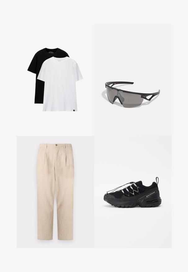To normale t-shirts i pasform, én sort og én hvid, lavet af bomuld. Hver har en rund hals og korte ærmer. Enkel design, ingen mønstre.; Beige linnedragter med folder, elastisk talje og en enkelt knaplukning. Lige pasform med en tekstureret overflade.; Sorte løbesko med mesh-overdel, reflekterende detaljer og elastiske snørebånd. Har en robust sål med trækmønstre for stabilitet.; Sports solbriller med en sort ramme, grå linse, aerodynamisk design og vinklet form; har fremhævede sk temples og næsebro.