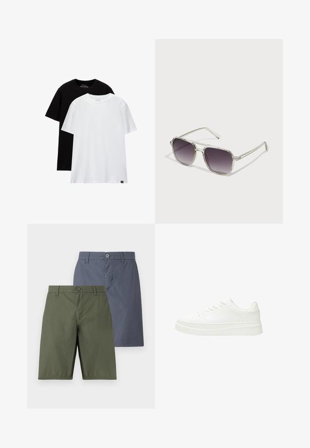 Zwei T-Shirts in normaler Passform, eines schwarz und eines weiß, aus Baumwolle. Jedes hat einen Rundhalsausschnitt und kurze Ärmel. Einfaches Design, ohne Muster.; Zwei Shorts: eine olivgrün, eine marineblau. Beide verfügen über einen Knopfverschluss, einen geraden Schnitt und glattes Gewebe mit einem leichten Glanz.; Weiße Sneaker mit einem glatten Lederoberteil, flachen Schnürsenkeln und einer dicken Gummisohle. Das minimalistische Design verfügt über subtile Nähte und nahtlose Akzente.; Klarsicht-Sonnenbrille mit quadratischer Form und Verlaufsgrauen Gläsern. Schlanke silberne Akzente an den Bügeln sorgen für Details.
