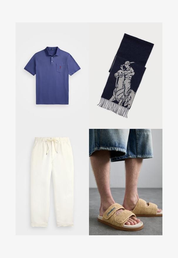 Lilla polo-skjorte laget av bomull, med en tre-knapps placket, kortermede ermer, og en brystlomme med rødt logo-broderi.; Lys kremfargede, casual bukser laget av mykt stoff. Har elastisk midjebånd med snøring, og en tapered ben-design.; Beige vevde sandaler har to justerbare stropper, en teksturert overflate og en lysegrå såle med brune akenter.; Mørkeblå sjal med grå grafikk av en polo-spiller på hesteryggen, med frynsete kanter.