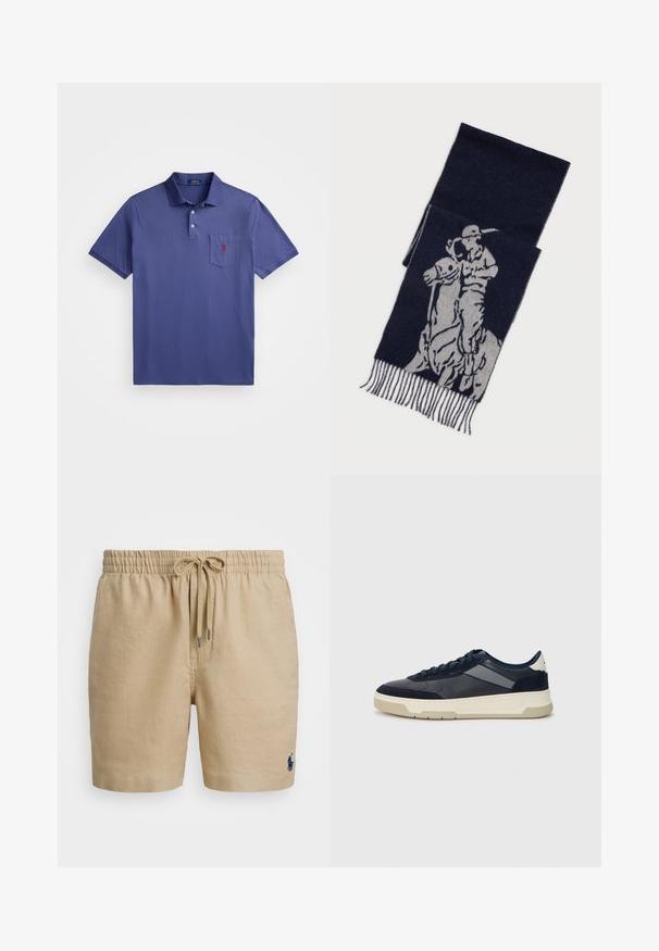 Fialové polo tričko vyrobené z bavlny, s tříknoflíkovou légou, krátkými rukávy a náprsní kapsou s vyšitým červeným logem.; Béžové lněné šortky s elastickým pasem, šňůrkou a modrou vyšitou značkou vpravo dole. Měkčí textura, ležérní design.; BOSS BALTIMORE - Tenisky - open blue; Námořnický modrý šátek s šedou grafikou pólisty na koni, s třásněmi na okrajích.