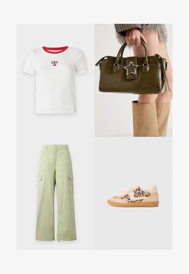Balta īsām piedurknēm T-krekls ar sarkanu ribotu apkakli, ar izšūtu "GAP" tekstu un ķirša dizainu priekšā. Izgatavots no ribota auduma.; Gaiši zaļi kravas bikses ar platām kājām, izgatavotas no kokvilnas. Iespējamas divas sānu kabatas un pogas aizdare. Gluda tekstūra un ikdienišķs dizains.; Leoparda drukas kedas ar beidzējo zamša virsu, brūnu gumijas zoli un baltām akcenta detaļām. Apļveida purngals un auklu aizdare ar strukturētu virsmu.; Olive zaļš mākslīgās ādas rokassomu ar sudraba zvaigznes akcentu, divām rokturiem un rāvējslēdzēja aizdari. Strukturēta forma un teksturēta virsma.