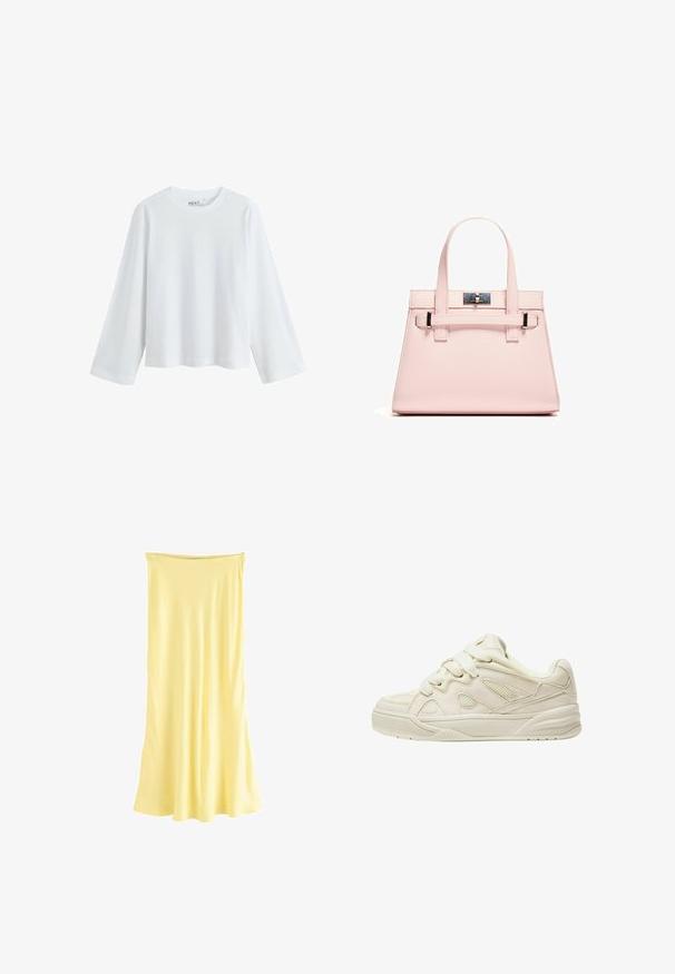 Tricou alb cu mânecă lungă, fabricat din bumbac moale, având un guler rotund și un design cu umeri căzuți, cu o croială lejeră și fără modele vizibile.; Rochie maxi din satin galben, cu o siluetă fluidă. Prezintă un decolteu plisat și o textură netedă, creată pentru a fi purtată într-un mod relaxat.; Adidași bej cu un superior texturat, șireturi proeminente, panouri din plasă și o talpă groasă. Design curbat cu un guler căptușit pentru confort.; Geantă structurată roz, confecționată din piele texturată, cu două mânere superioare, închidere cu clip și accente metalice contrastante.