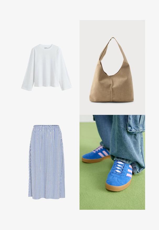 Balta, ilgomis rankovėmis marškinėliai, pagaminti iš švelnaus medvilnės, su apvaliu iškirpimu ir krentantiems pečių kirpimu, laisvo silueto be matomų raštų.; Lengvas midi sijonas, pagamintas iš plono audinio su vertikaliomis mėlynomis ir baltomis juostelėmis, su elastingu juosmeniu ir sklandžiu dizainu.; Mėlyni zomšiniai bateliai su rožinėmis juostelėmis ir baltais raišteliais, turintys guminį padą, derinami su laisvais džinsiniais kelnais ant žalios paviršiaus.; Minkšto smėlio spalvos zomšo hobo krepšys su laisva forma, plačia petneša ir rankomis siūtu siūlėmis priekyje.